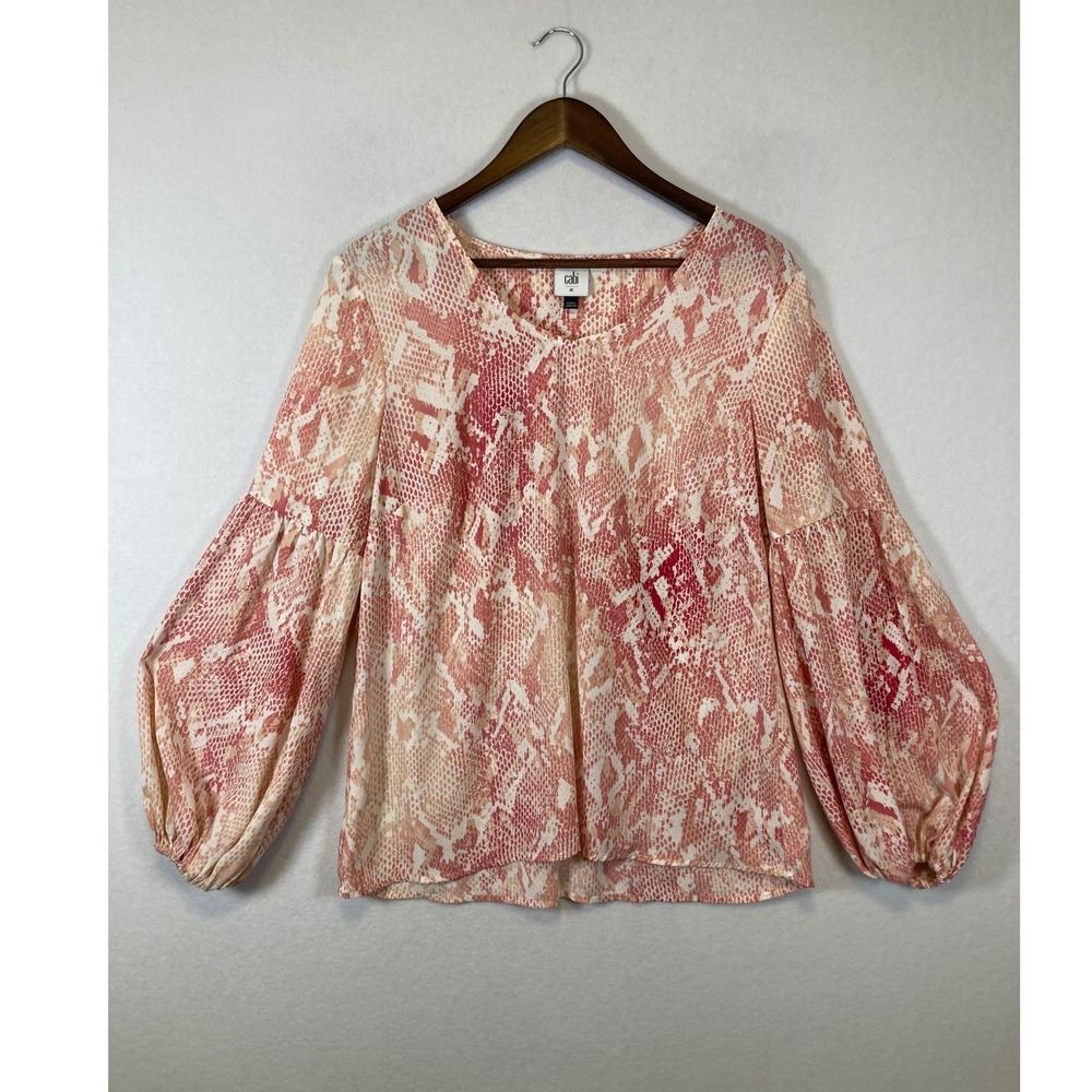 Boho Chic Cabi Women Medium Pink Orange Snakeskin Puff Sleeve V-Neck Blouse 5708